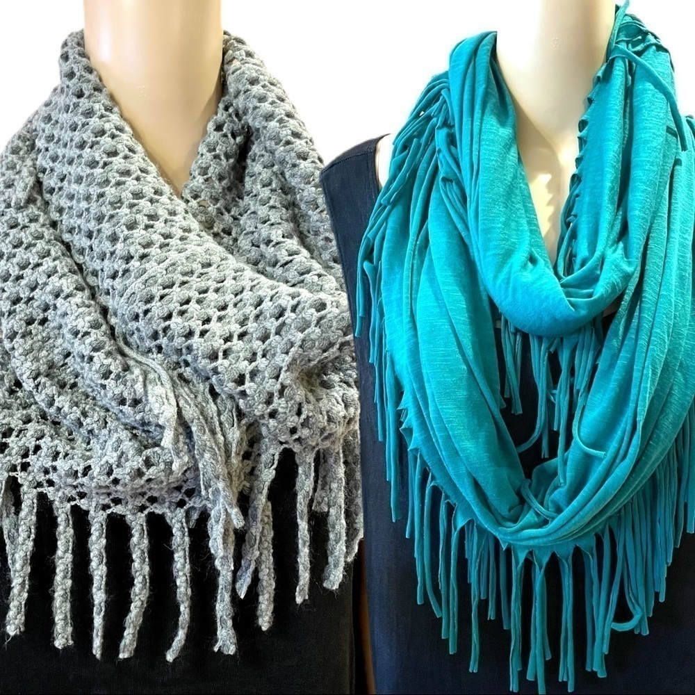 Duo of two infinity fringe scarves green and gray super soft and comfy warm